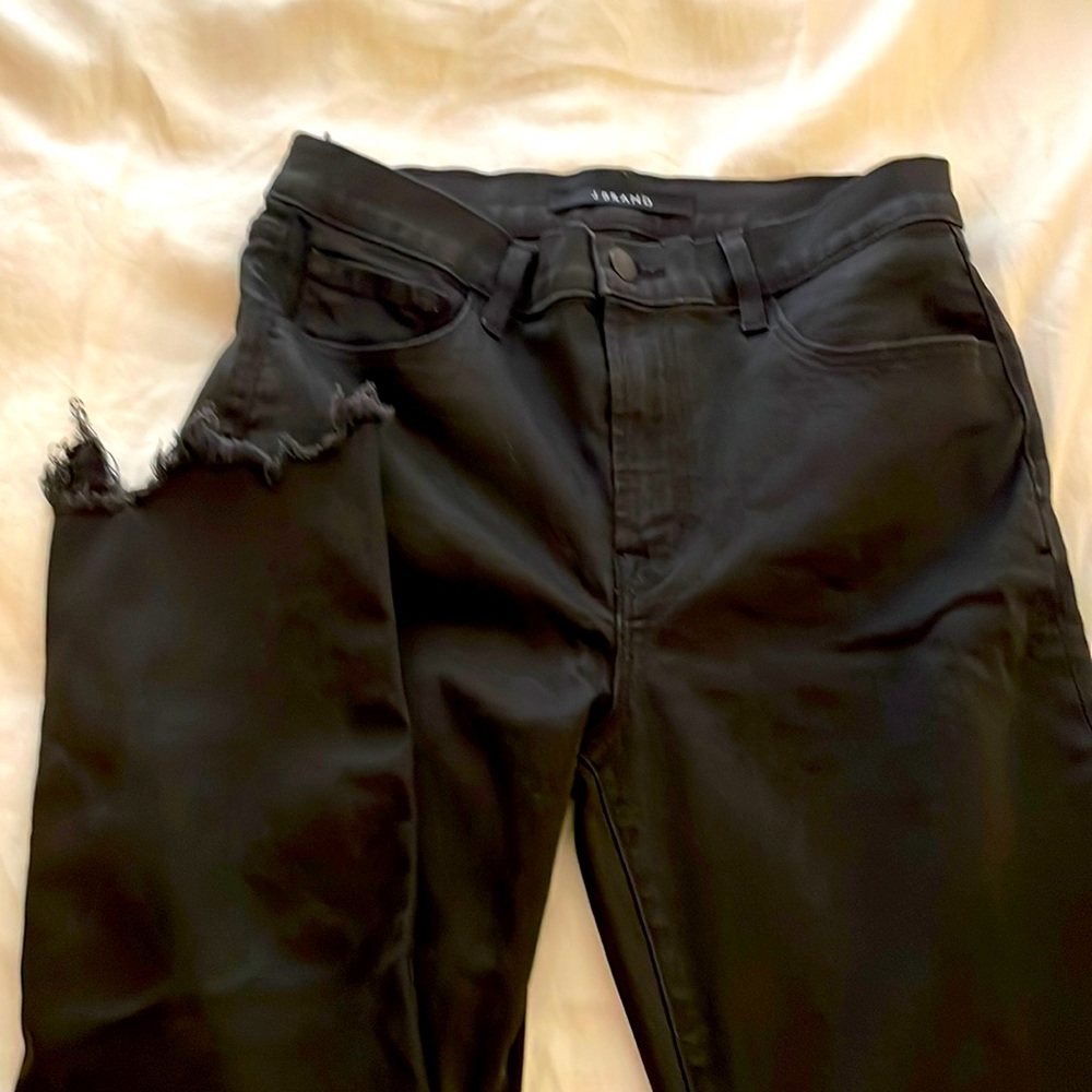 Black lightweight cotton Jbrand frayed edge mid to high rise straight jeans